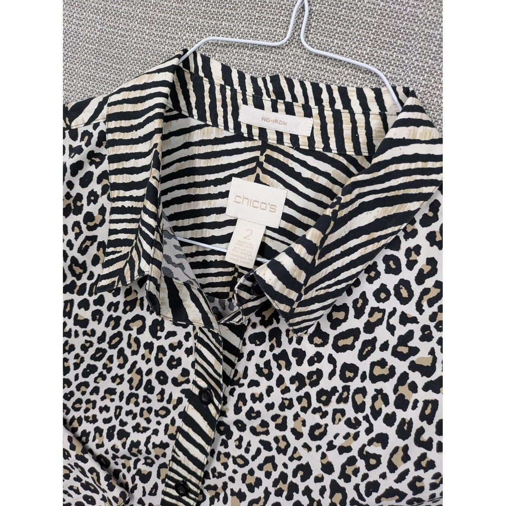Chicos Tunic Blouse Womens 2 Brown Animal Print No Iron Button Up Top Leopard